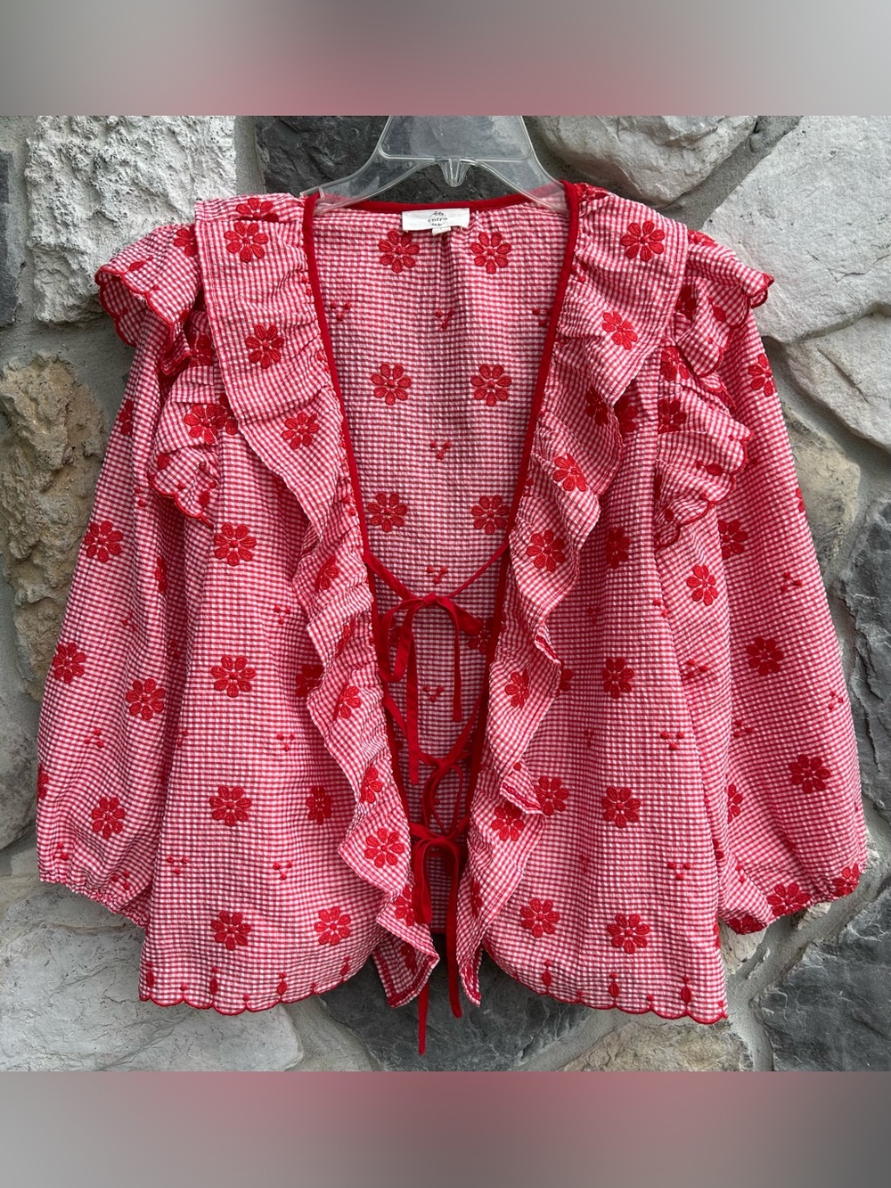 Entro Top Size L Red Gingham Seersucker Cottagecore Coquette Prairie Feminine
